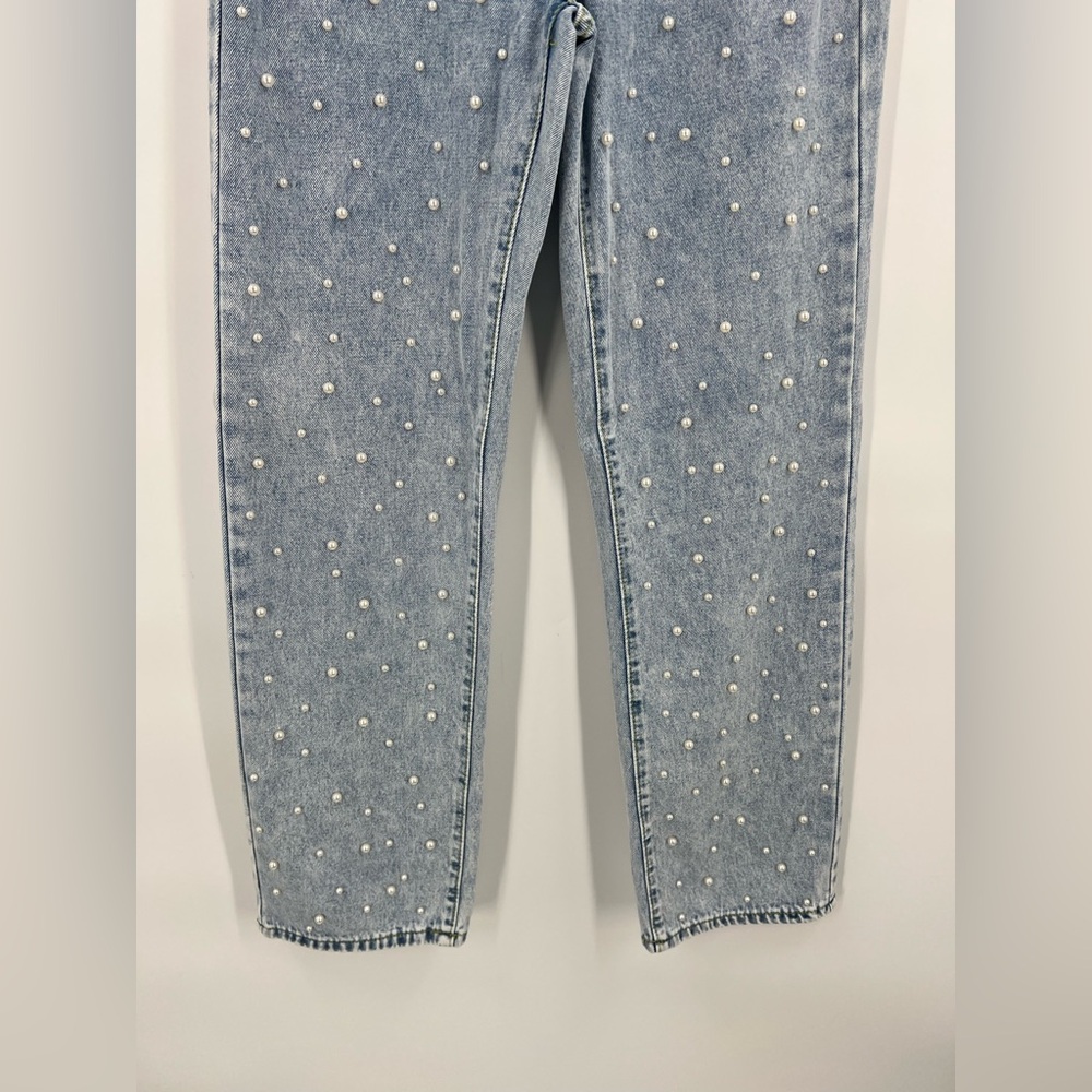 Pearl embellished straight leg statement jeans S coquette feminine spring - Picture 7 of 11